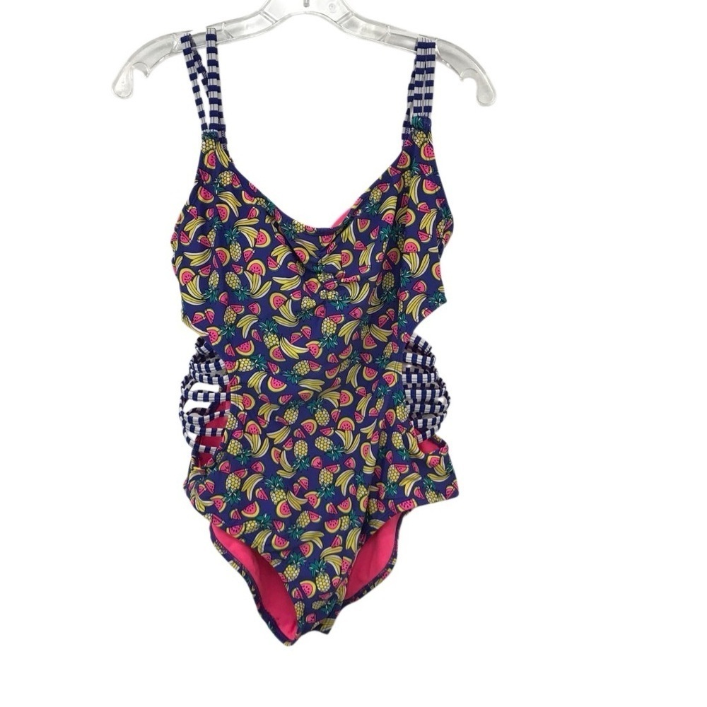BONGO Women’s Large  One Piece Swimsuit - Blue and Pink Fruit